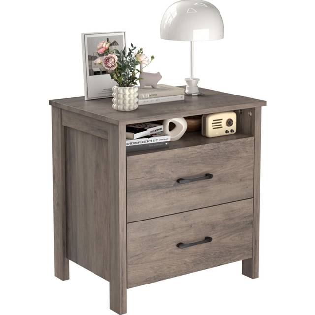 Otterease Farmhouse Nightstand, Rustic Nightstand with 2 Large Drawers, Wood End Table with Storage Cabinet, Bedside Table for Bedroom, Brown