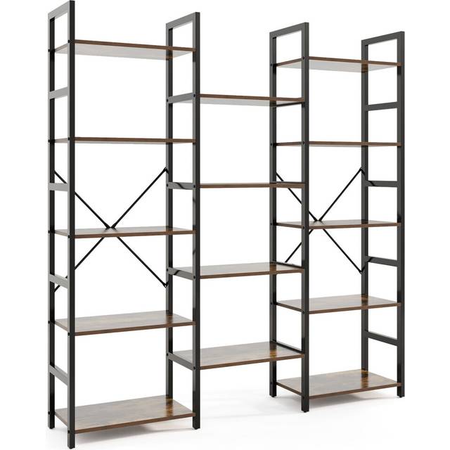 Industrial Bookshelf Triple Wide Heavy-duty Metal Frame Bookcases-Brown