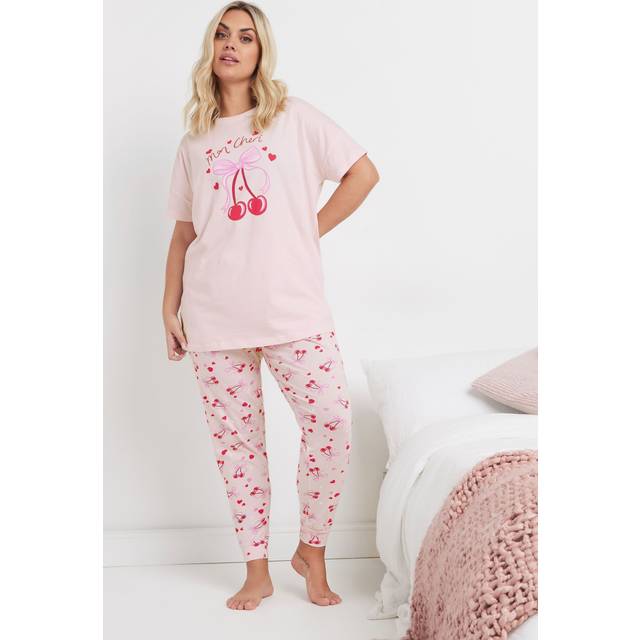 Yours Curve Pink 'Mon Cheri' Cherry Bow Print Pyjama Set - 34-36