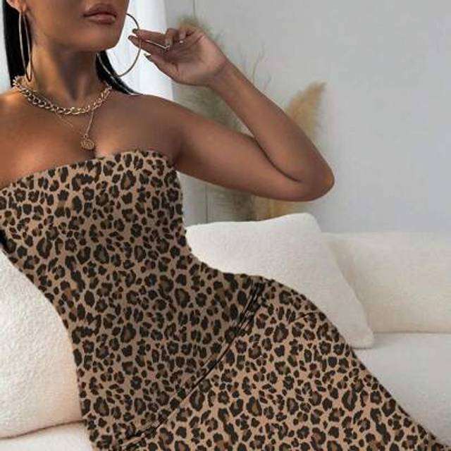 SHEIN Long Leopard Print Tube Dress, Fitted Casual Summer Dress