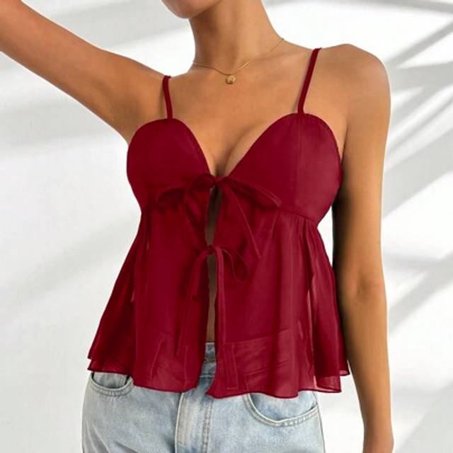 Rafferiza Chiffon Sleeveless V-Neck Drawstring Fitted Tank Top