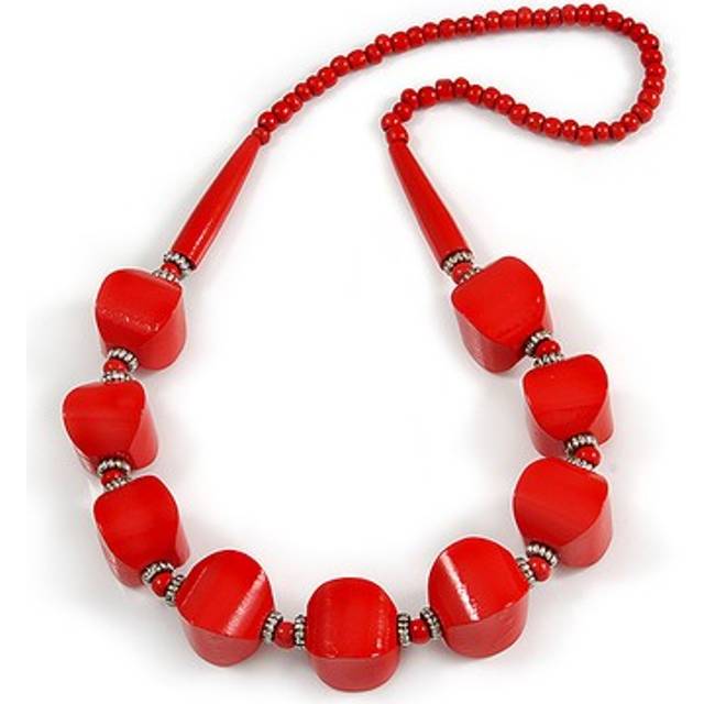 Chunky red wood bead necklace - 78cm l