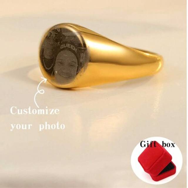 SHEIN Customize Your Photo Stainless Steel Laser Engraved Picture Ring, Personalized Memorial Gift. Styles Include Fashion, Retro, And More. Customizable Pe