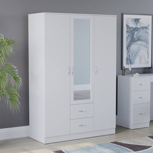 (White) Riano 3 Door 2 Drawer Mirrored Bedroom Wardrobe