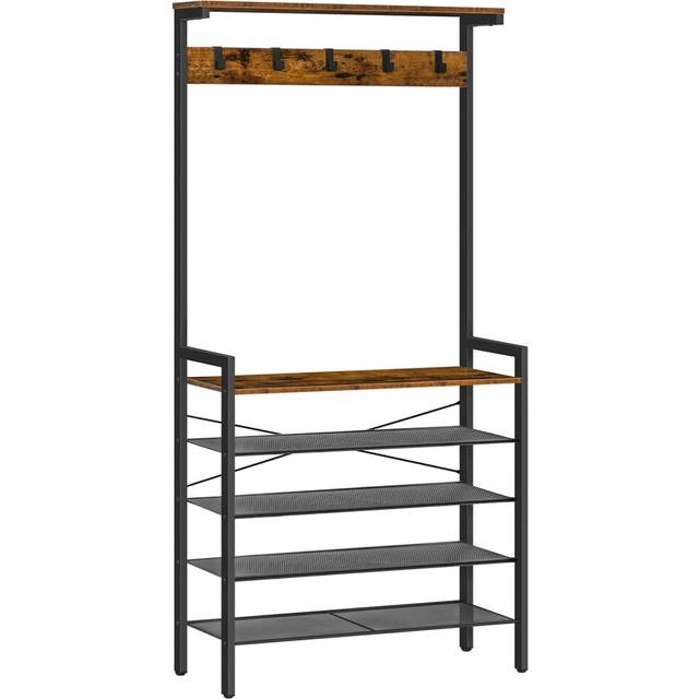 HOOBRO Coat Stand, Coat Rack with Shoe Storage, Industrial Hall Tree, Large Hall Stand, 5 Removable Hooks, Wood Accent Top Shelf, Entryway Storage