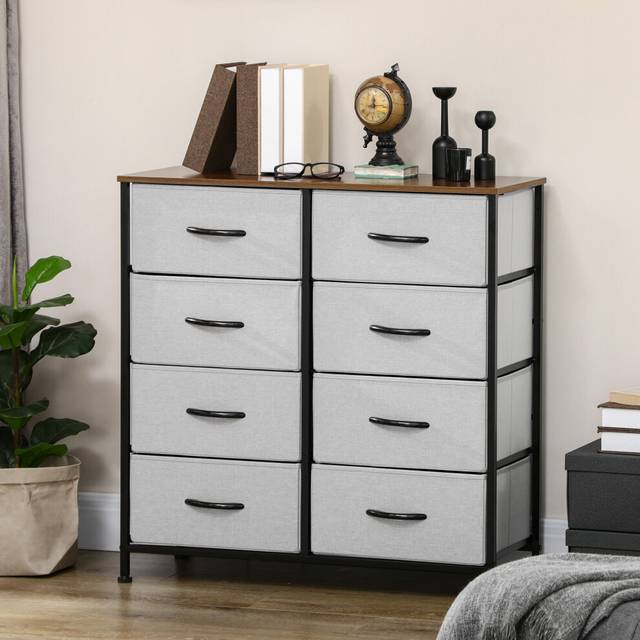 (Grey) HOMCOM 8 Drawer Fabric Chest of Drawers w/ Wooden Top for Hallway