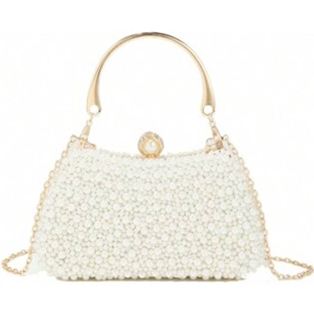 SHEIN 1pc Elegant & Romantic Solid Color Faux Pearl Beaded Unique Shape Evening Handbag For Party, Wedding, Gathering, Elegant Faux Pearl Clutch, Prom Bag