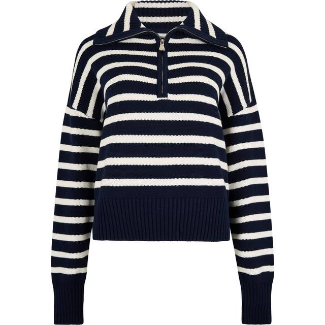Womens Zip Neck Stripe Jumper - Navy - 16