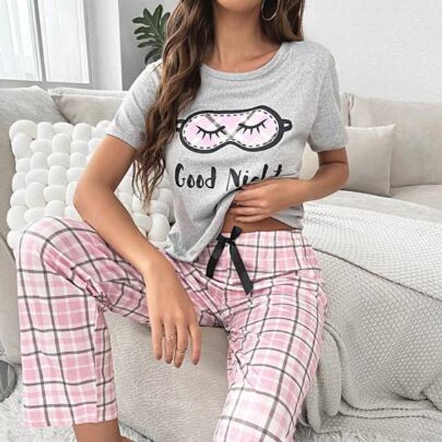 SHEIN Cartoon & Letter Graphic Tee & Plaid Print Trousers PJ Set
