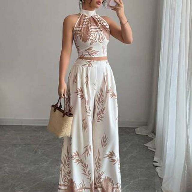 Dam Elegant Vacation 2-delad set, Halter Neck, Backless Tie Midja, Printed Wide Leg Byxor - Aprikos (L,M,S,XS)