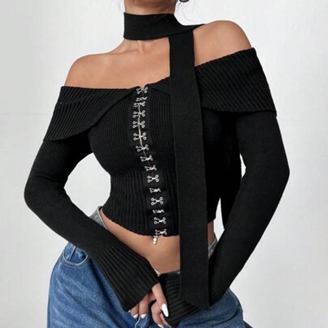 SHEIN Women Open Shoulder Cropped Turtleneck Sweater