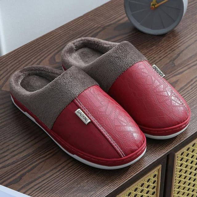 (red, 36) Men Women Waterproof Pu Leather Winter Warm Plush Home Shoes House Slippers Indoor Anti-skid