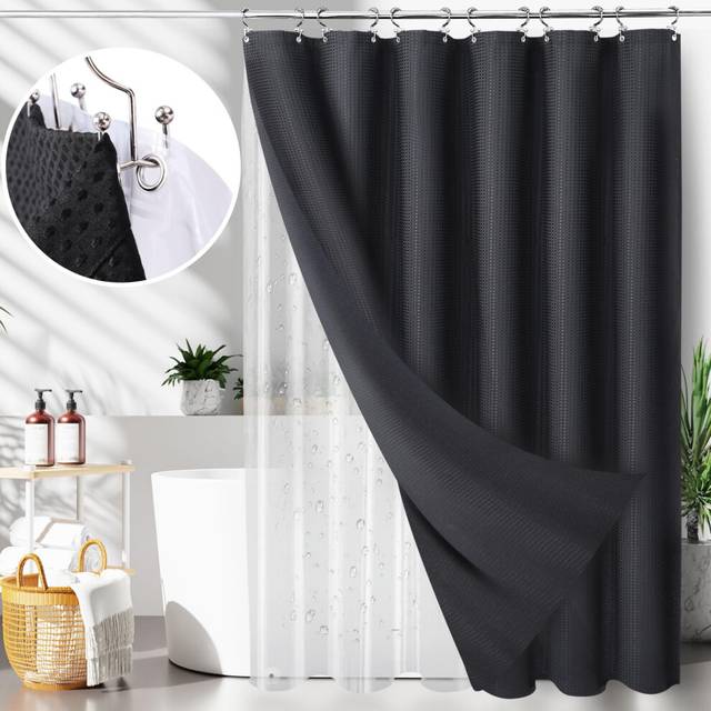 LaCyan 3 in 1 Waterproof Waffle Weave Shower Curtain and Clear Liner Set with 12 Stainless Steel Hooks Double Sided for Bathroom 72 Inches Heavy Duty