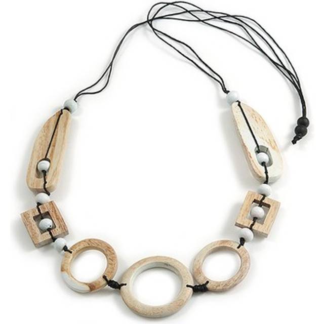 Long geometric antique white painted wood bead black cord necklace - 100cm max/