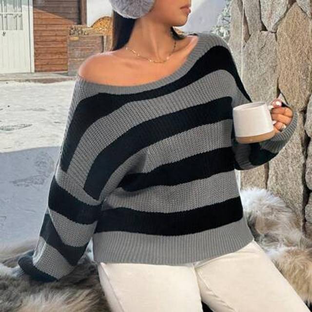 SHEIN Plus Size Batwing Sleeve Striped Pullover Sweater For Autumn/Winter