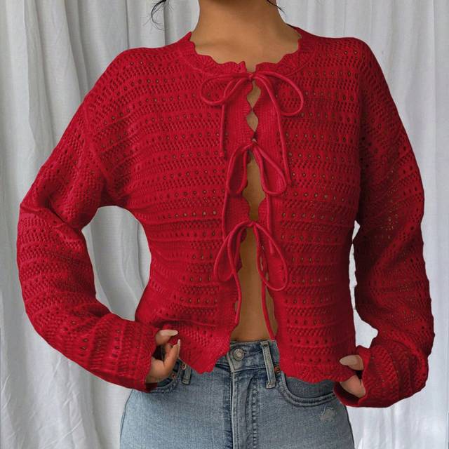 Chiquease 1pc Women Solid Color Tie Front Long Sleeve Hollow Casual Blouse