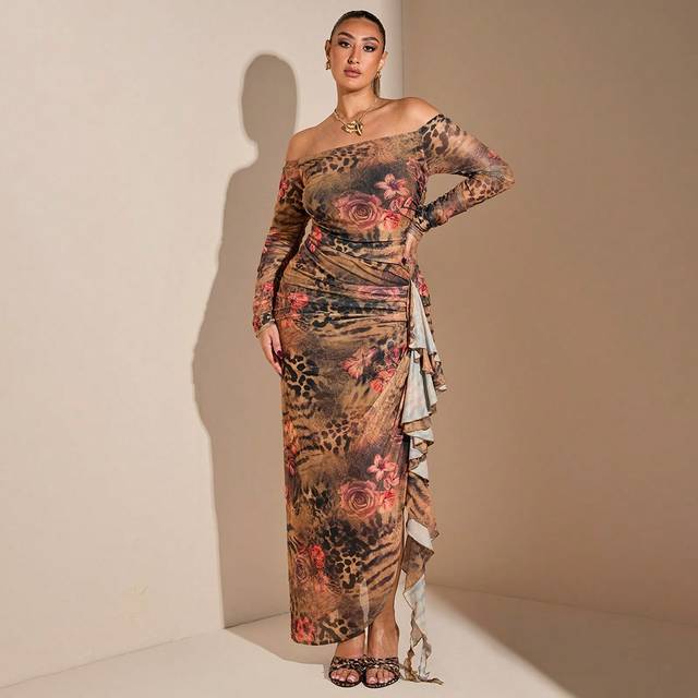 SHEIN Plus Size Women&#39;s Leopard Floral Mesh Print Sexy Elegant Birthday Party Off Shoulder Ruffled High Slit Gathered Long Dress Tulle Dress