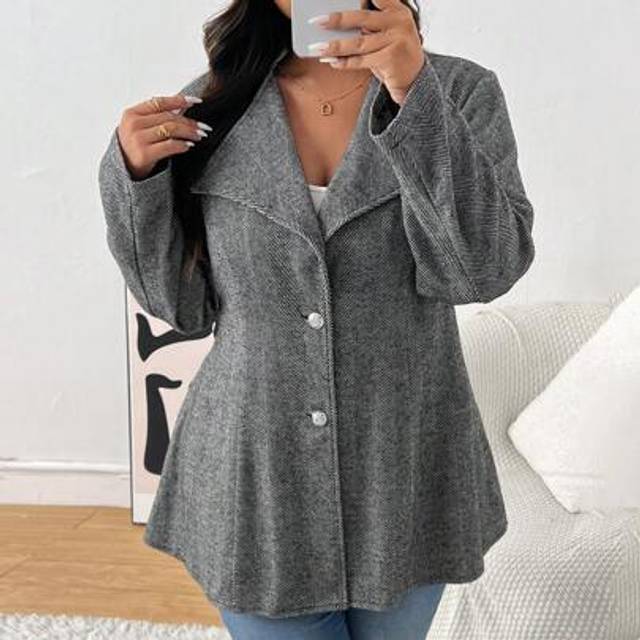 SHEIN Plus Size Grey Casual Herringbone Blazer,Autumn/Winter, Women Clothes