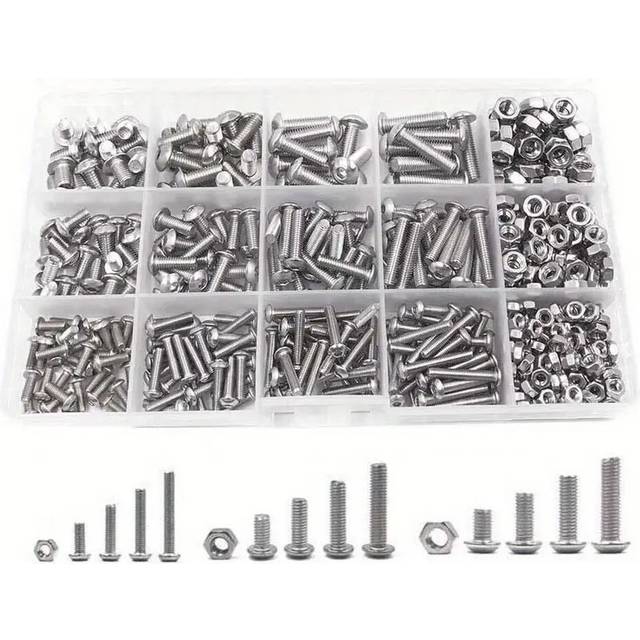 TEMU 500pcs M3 M4 M5 Screw Bolts Nuts & Washer Set Hex Head Cap Stainless 304 Stainless Steel Screw Socket Button Head Screws, Bright , Fully Threaded