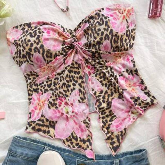 Soleia Plus Size Women Sexy Red Floral Print Halter Open Bust Slit Chiffon Blouse, Suitable For Afternoon Tea, Autumn/Winter