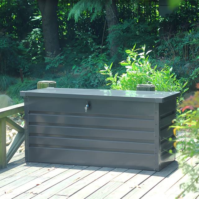 TEMU Large Patio Durable Metal Steel Storage Deck Box, Organization For Patio Cushions, Throw Pillows Garden Tools Balls Storage, Weatherproof, Waterproof, Tough Lid Bench 47.2×24×24.8inch