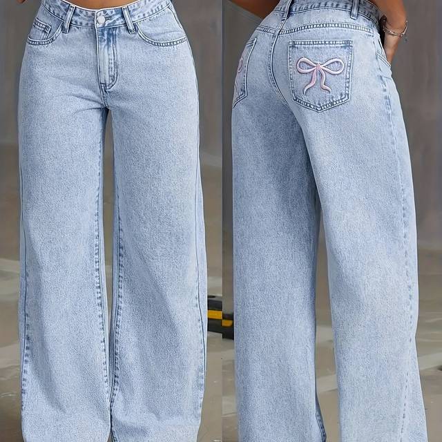 TEMU Women's High-waisted Wide-leg Embroidered Denim Jeans - Light Blue Casual Flare Pants With , Stretch Fabric, , Ladies Jeans