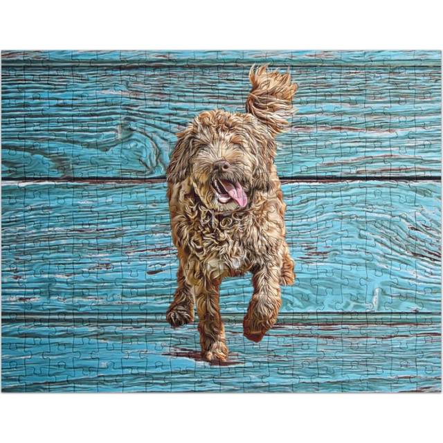 (Happy Running Australian Labradoodle Dog with Vintage or Antique Turquoise Wooden Background =6582) Jigsaw Puzzle Wooden 300-Piece for Adults Kids Se