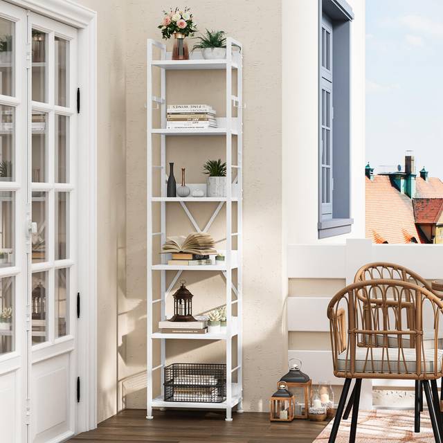 YITAHOME Bookcase 6 Tiers, Floor Standing Book Shelf with 4 Hooks, Wooden Shelf and Metal Frame Book Rack Industrial Tall Shelf Unit Storage for