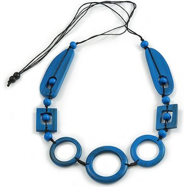Long geometric blue painted wood bead black cord necklace - 100cm max/