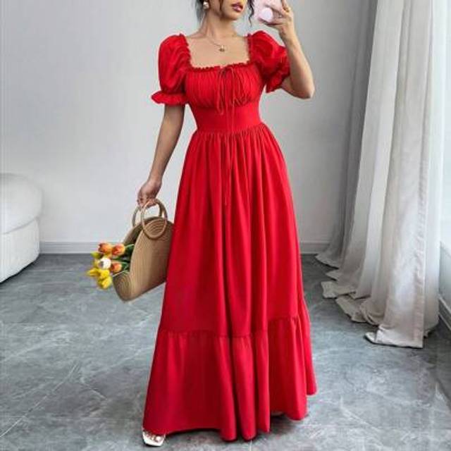 Elegant solid rygglös omlottklänning för kvinnor med puffärmar - Röd (Petite XS,Petite S,Petite M,Petite L)