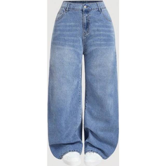 SHEIN Women Plus Size Casual Basic Blue Denim Loose Fit Pants Summer, Vacation Outfits Woman, Easter, Spring, Western, Office Outfits For Women, Rave Outfit