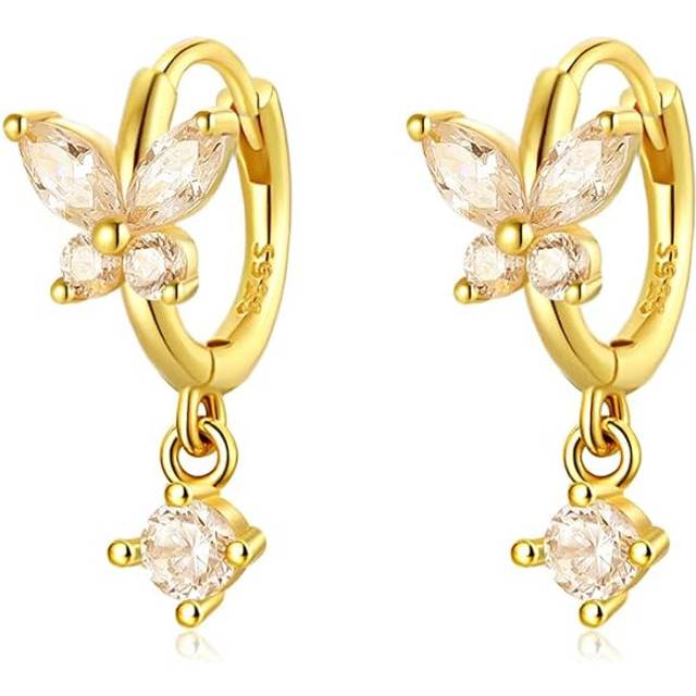 Mini Huggie Drop EarringsÂ925Sterling Silver and Gold Microcubic Zirconia Butterfly Flower Dangling Hoop Earrings