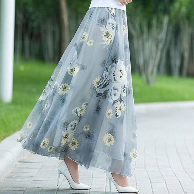 (Elegant Gray-Bottomed Flower, 2XL) Chiffon Skirt Mid-length High-waisted Slim Long Skirt Retro Big Hem Skirt A-line Dancing Long Skirt Temperament Be