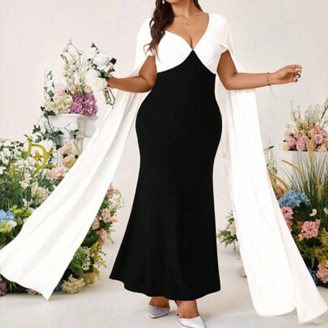SHEIN Plus Size Women&#39;s Color Block V-Neck Tie Dress Wedding Day Wedding Guest