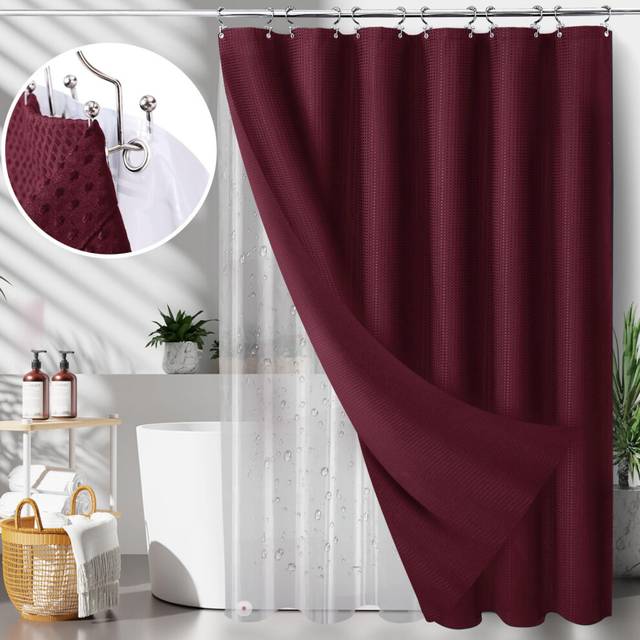 LaCyan 3 in 1 Waterproof Waffle Weave Shower Curtain and Clear Liner Set with 12 Stainless Steel Hooks Double Sided for Bathroom 72 Inches Heavy Duty