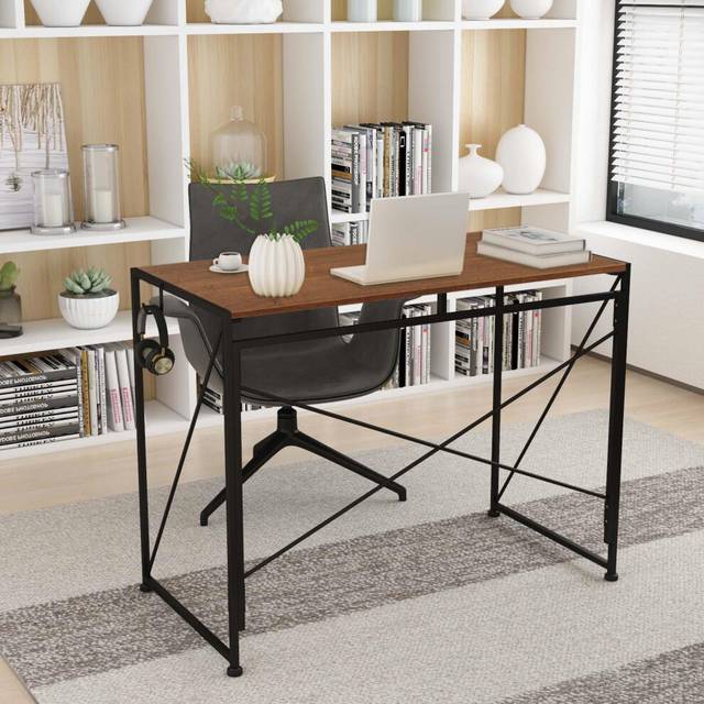 (Dark Oak) Folding Compact Desk Computer Table Storage Hook