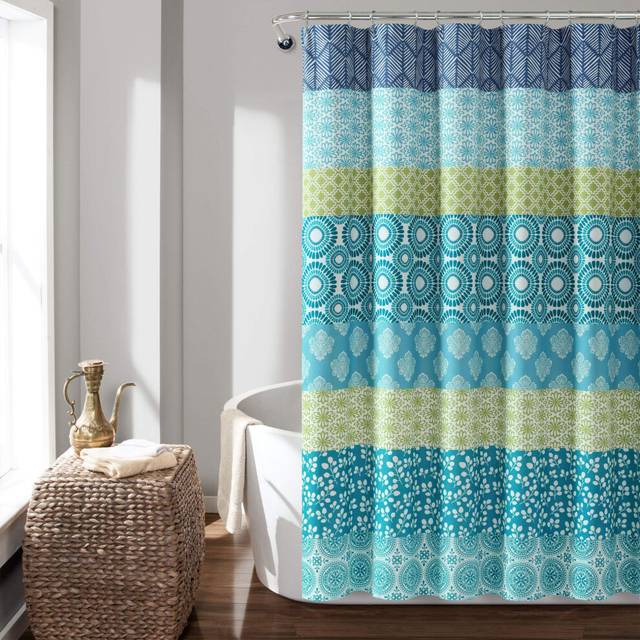 "Lush Decor Bohemian Stripe Shower Curtain, 72"" W x 72"" L, Blue & Green - Boho Shower Curtain - Colorful Striped Bathroom Curtain - Maximalist & Boho"