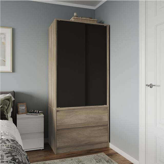 (Oak Carcass with Black Doors) 2 Sliding Doors Wardrobe 2 Drawer Clothes Cupboard