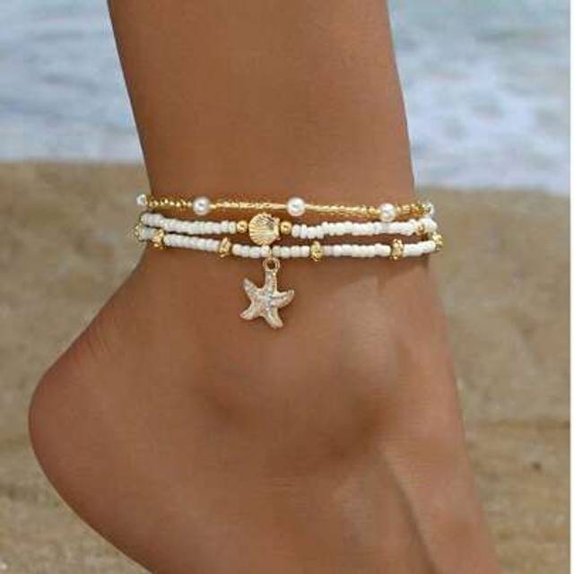 SHEIN 3pcs/Set Simple Gold-Tone Circular Pendant Tassel Beaded Anklet For Girl, Suitable For Daily Wear And Vacation