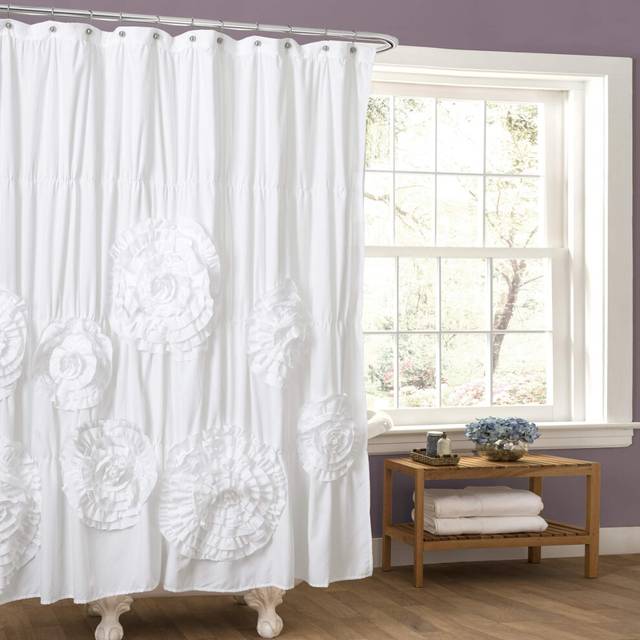 "Lush Decor Serena Ruffle Shower Curtain, 72"" W x 72"" L, White - Beautiful Ruched Flower Design - Luxury Shower Curtain - Vintage Glam, Cottage &"