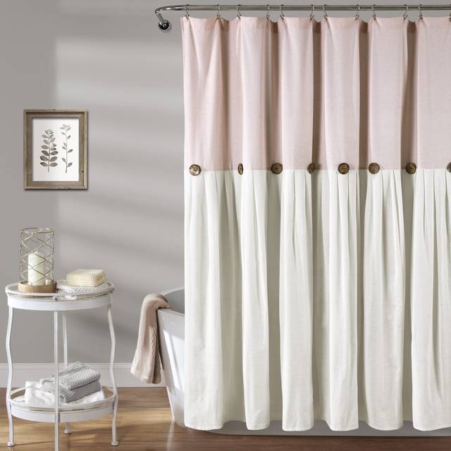 "Lush Decor Linen Button Shower Curtain, Cotton Blend, Blush & White, 72"" W x 72"" L (Pack of 1)"