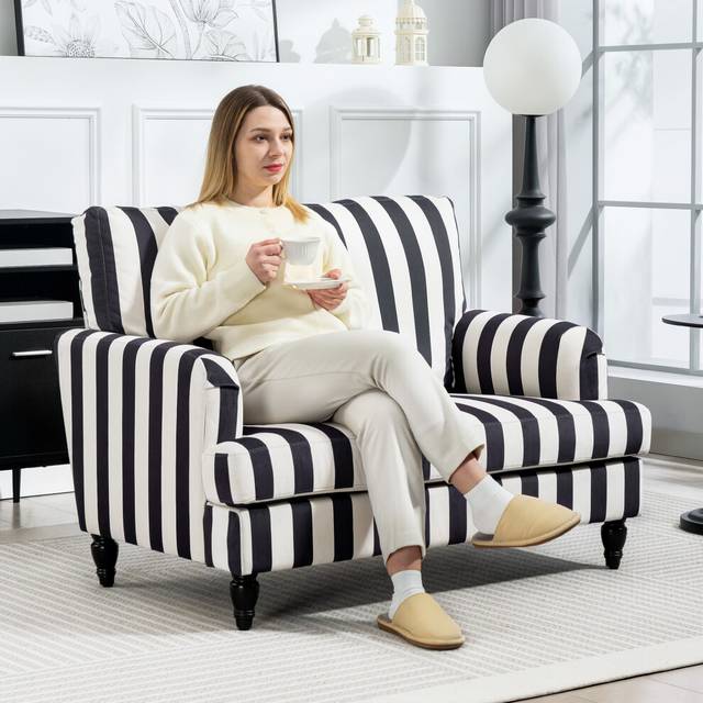 HOMCOM Cuddle Chair With Stripe - Armchair For Living Room - Black and White | TJ Hughes