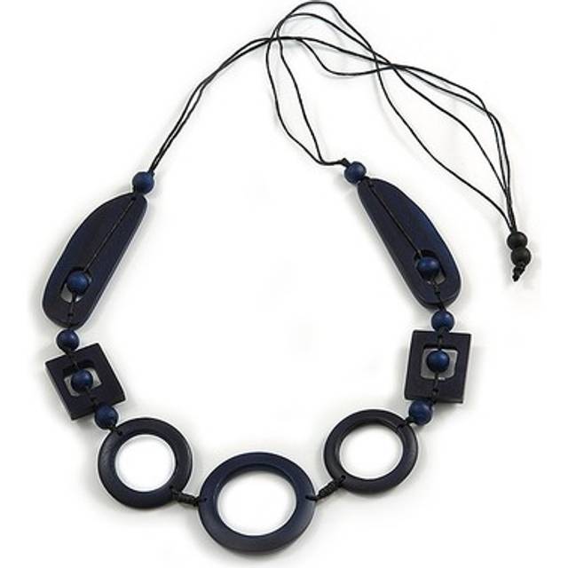 Long geometric dark blue painted wood bead black cord necklace - 100cm max/