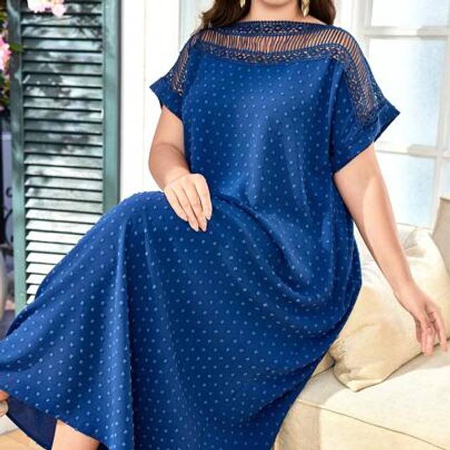 SHEIN Women Plus Size Lace Patchwork Short Sleeve Cutout Texture Flowy Casual Dress