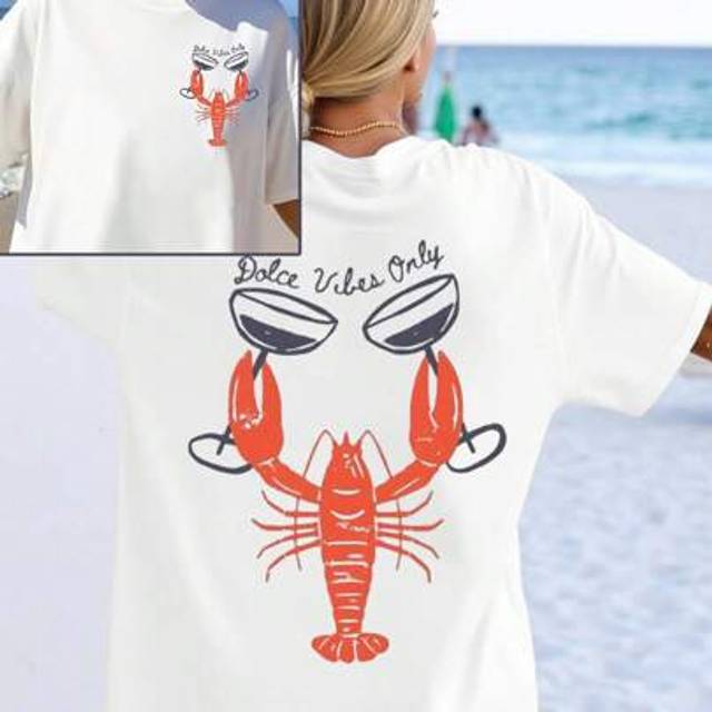 SHEIN Lobster Illustration Soda Flavor, Women Casual Plus Size Loose Round Neck Short Sleeve T-Shirt, Summer Beach Outfits