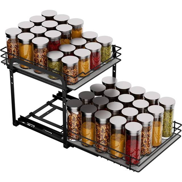 Pull-Out Spice Rack, 2-Tier Spice Rack - Black (23cm H X 23.2cm W X 26.4cm D)