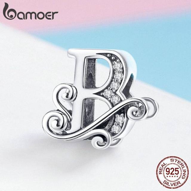 (B) Bamoer Genuine 925 Sterling Silver Letter B Alphabet Beads Charms Fit Charm Bracelets & Bangles Diy
