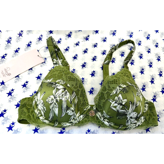 M&s rosie marks & spencer green-mix floral silk and lace padded plunge bra