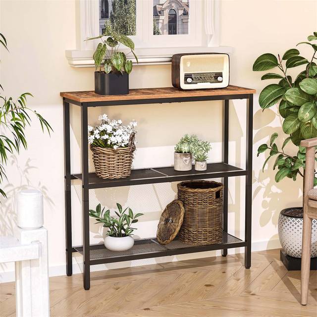 Narrow Console Table For Hallway With 2 Mesh Shelves - Brown (74cm H X 75cm W X 24cm D)