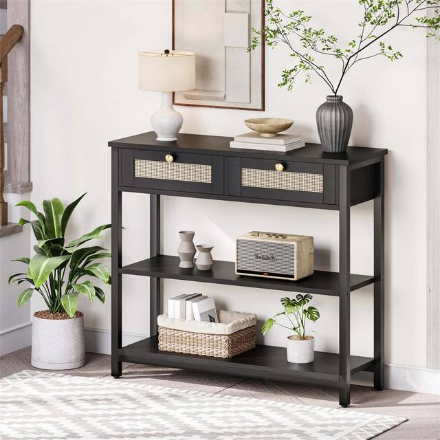 Rattan-Like Console Table With 2 Flip-Down Drawers And Storage Shelves - Black (75cm H X 80cm W X 25cm D)